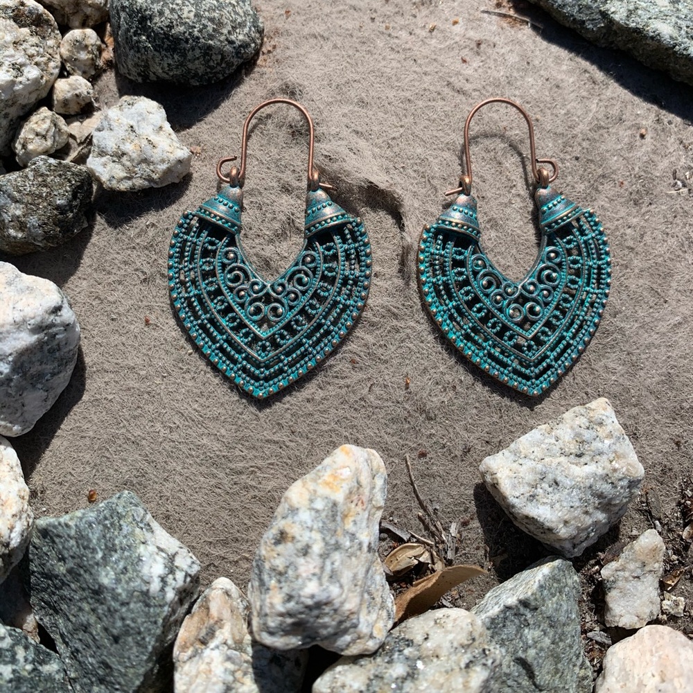 Antique teal tone cut out earrings